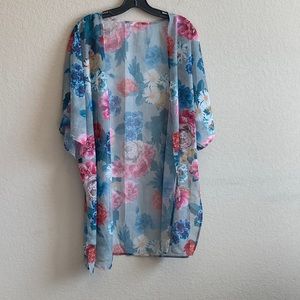 Women’s lightweight sheer floral long open cardigan light blue w/floral design